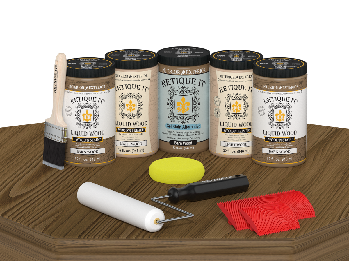 Retique It Barn Wood Kit with Liquid Wood, Barn Wood Gel Stain Alternative, yellow sponge, red graining tool, roller, and brush.