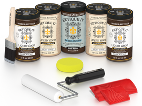 Retique It Black Walnut Kit with Liquid Wood, Black Walnut Gel Stain Alternative, yellow sponge, red graining tool, roller, and brush.