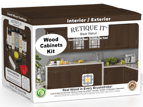 Retique It® Wood'n Cabinet Kit with 24 black walnut grained stain doors, showcasing a realistic wood grain finish on cabinet doors.