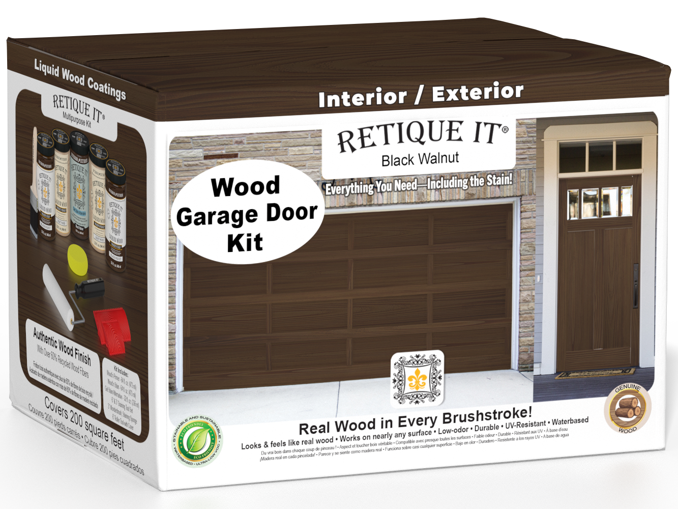 Retique It Black Walnut Wood Garage Door Kit box featuring garage door and entry door wood finish transformation.