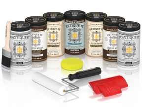 Retique It Black Walnut Kit with Liquid Wood, Black Walnut Gel Stain Alternative, Politique It Gloss Finish, yellow sponge, red graining tool, rollers, and brush.