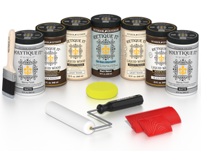 Retique It Black Walnut Kit with Liquid Wood, Black Walnut Gel Stain Alternative, Politique It Matte Finish, yellow sponge, red graining tool, roller, and brush.