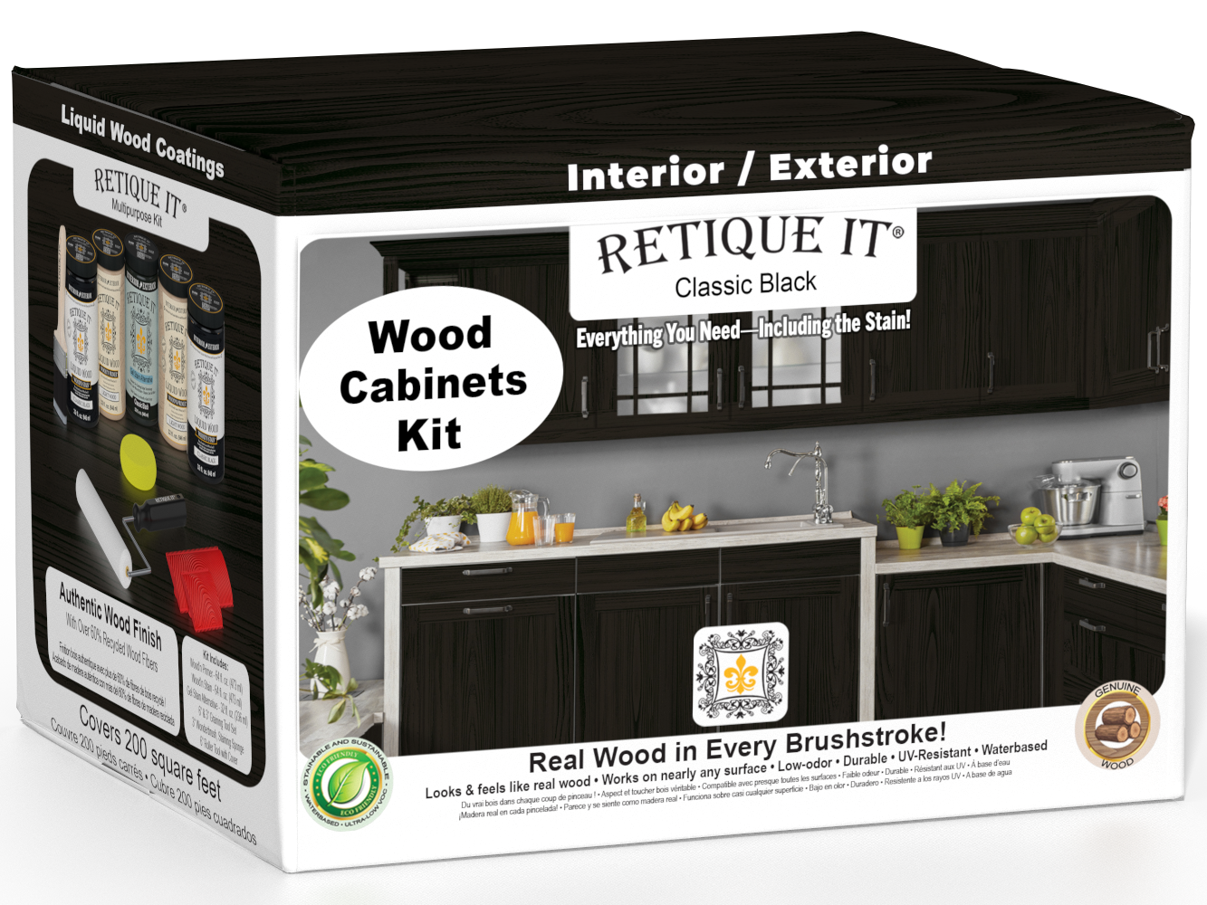 Retique It Wood'n Cabinet Kit in Classic Black with 24 grained wood doors, stain finish, for kitchen or bathroom cabinetry.