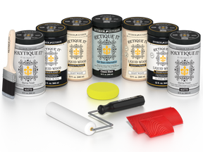 Retique It Classic Black Kit with Liquid Wood, Classic Black Gel Stain Alternative, Politique It Matte Finish, yellow sponge, red graining tool, roller, and brush.
