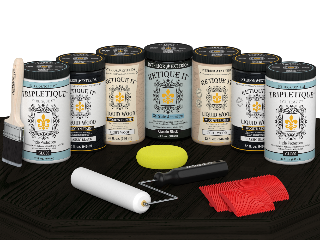 Retique It Wood'n Cabinet Kit with 24 grained black stain doors and gloss finish on table surface.