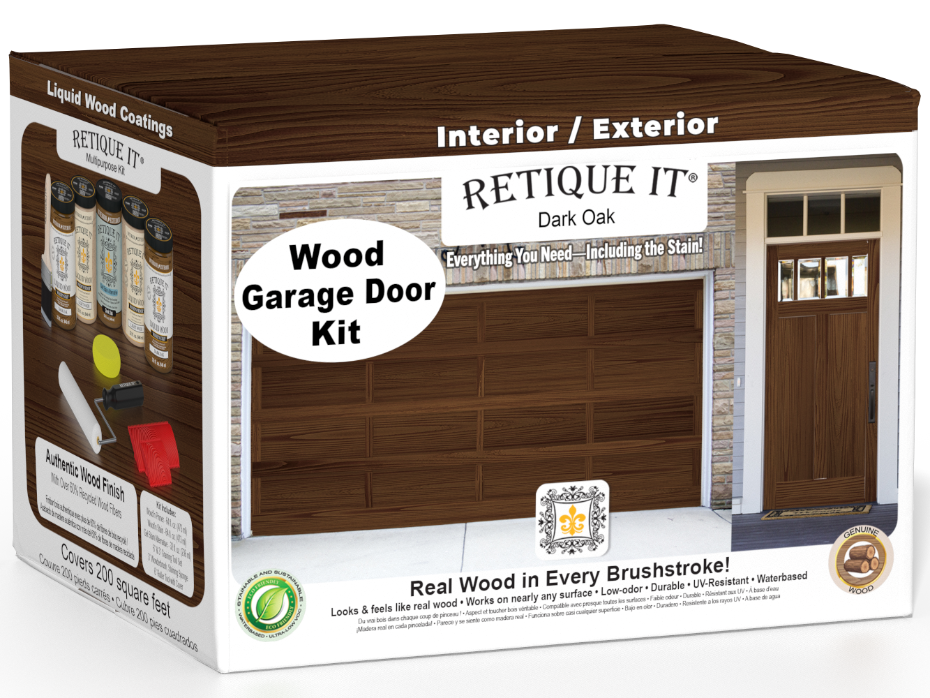 Retique It Dark Oak Wood Garage Door Kit box featuring garage door and entry door wood finish transformation.