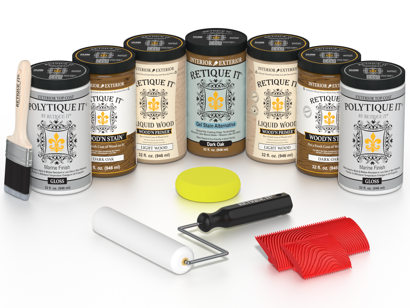 Retique It Dark Oak Kit with Liquid Wood, Dark Oak Gel Stain Alternative, Politique It Gloss Finish, yellow sponge, red graining tool, roller, and brush.