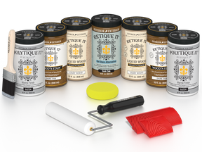 Retique It Dark Oak Kit with Liquid Wood, Dark Oak Gel Stain Alternative, Politique It Satin Finish, yellow sponge, red graining tool, roller, and brush.