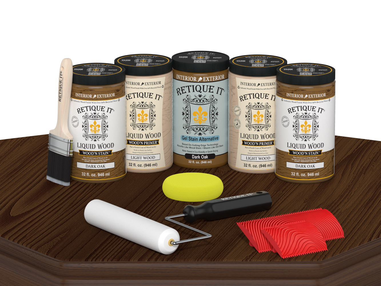 Retique It Dark Oak Kit with Liquid Wood, Dark Oak Gel Stain Alternative, yellow sponge, red graining tool, roller, and brush.