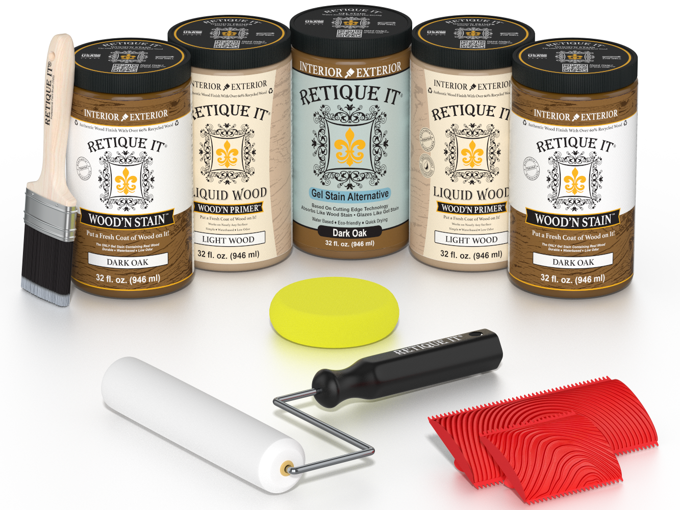 Retique It Dark Oak Kit with Liquid Wood, Dark Oak Gel Stain Alternative, yellow sponge, red graining tool, roller, and brush.