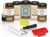 Retique It Dark Oak Kit with Liquid Wood, Dark Oak Gel Stain Alternative, yellow sponge, red graining tool, roller, and brush.