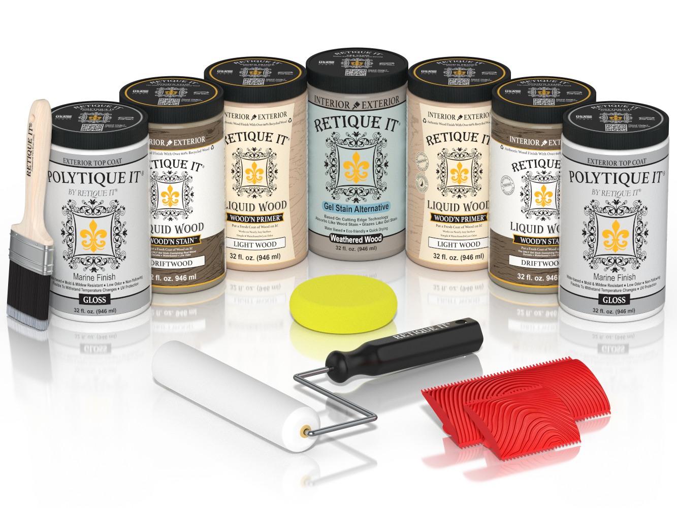 Retique It Driftwood Kit with Liquid Wood, Weathered Wood Gel Stain Alternative, Politique It Gloss Finish, yellow sponge, red graining tool, rollers, and brush.