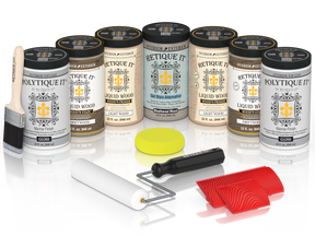 Retique It Driftwood Kit with Liquid Wood, Weathered Wood Gel Stain Alternative, Politique It Gloss Finish, yellow sponge, red graining tool, rollers, and brush.