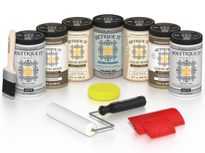 Retique It Driftwood Kit with Liquid Wood, Weathered Wood Gel Stain Alternative, Politique It Matte Finish, yellow sponge, red graining tool, roller, and brush.
