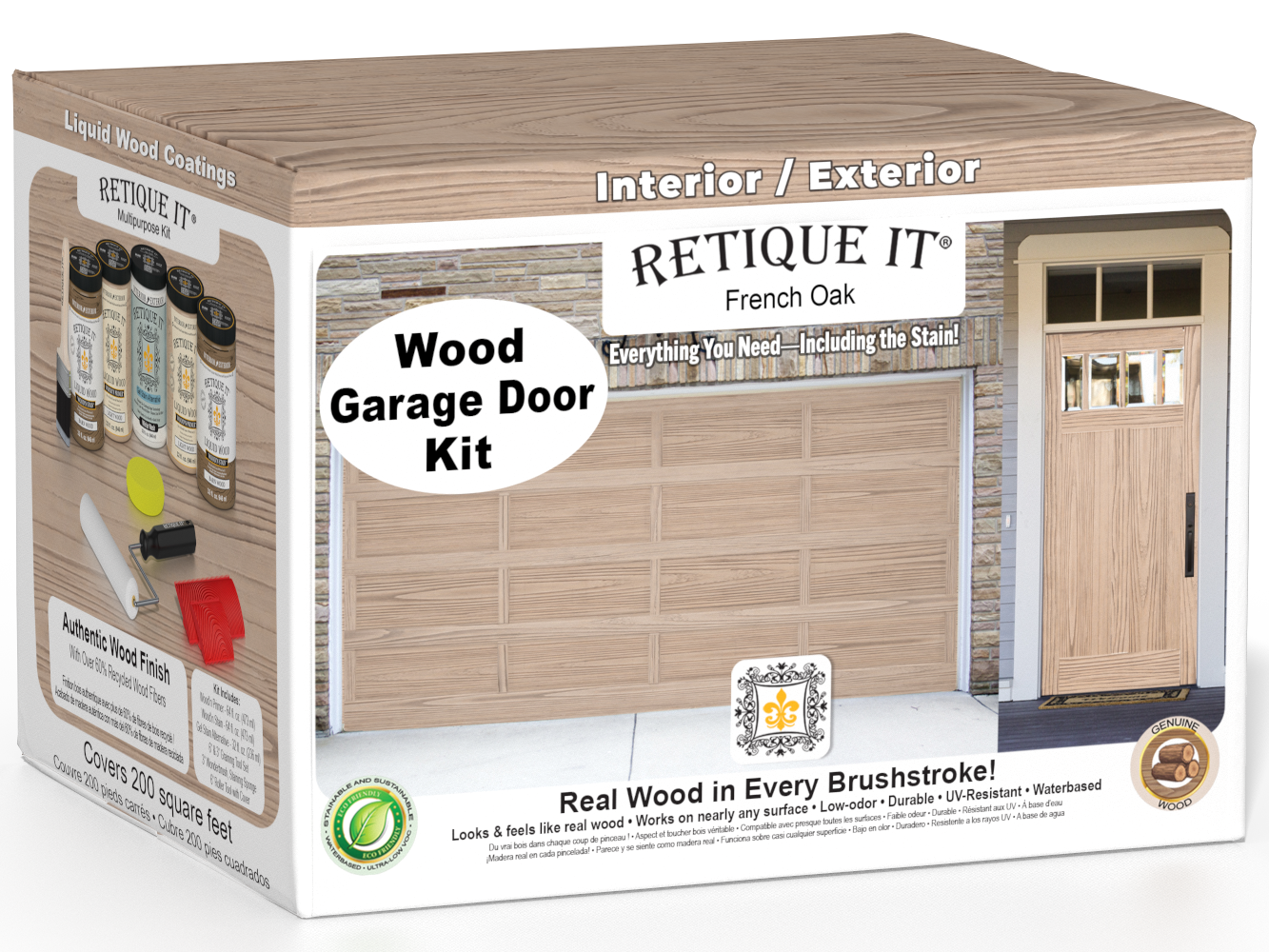 Retique It French Oak Wood Garage Door Kit box featuring garage door and entry door wood finish transformation.