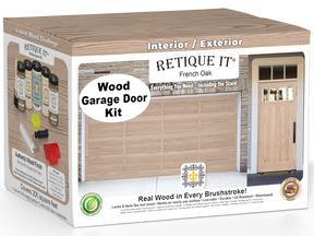 Retique It French Oak Wood Garage Door Kit box featuring garage door and entry door wood finish transformation.