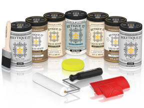 Retique It French Oak Kit with Liquid Wood, White Wash Gel Stain Alternative, Politique It Gloss Finish, yellow sponge, red graining tool, rollers, and brush.