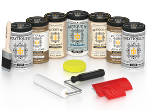 Retique It French Oak Kit with Liquid Wood, White Wash Gel Stain Alternative, Politique It Matte Finish, yellow sponge, red graining tool, roller, and brush.