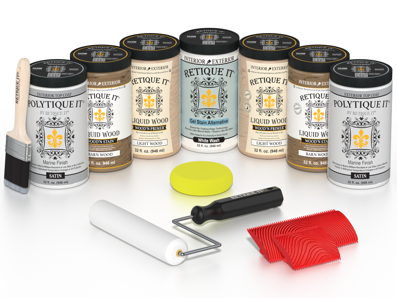 Retique It French Oak Kit with Liquid Wood, White Wash Gel Stain Alternative, Politique It Satin Finish, yellow sponge, red graining tool, roller, and brush.