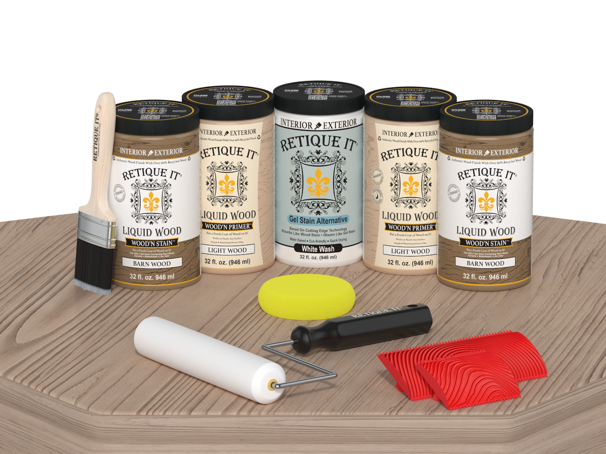 Retique It French Oak Kit with Liquid Wood, White Wash Gel Stain Alternative, yellow sponge, red graining tool, roller, and brush.