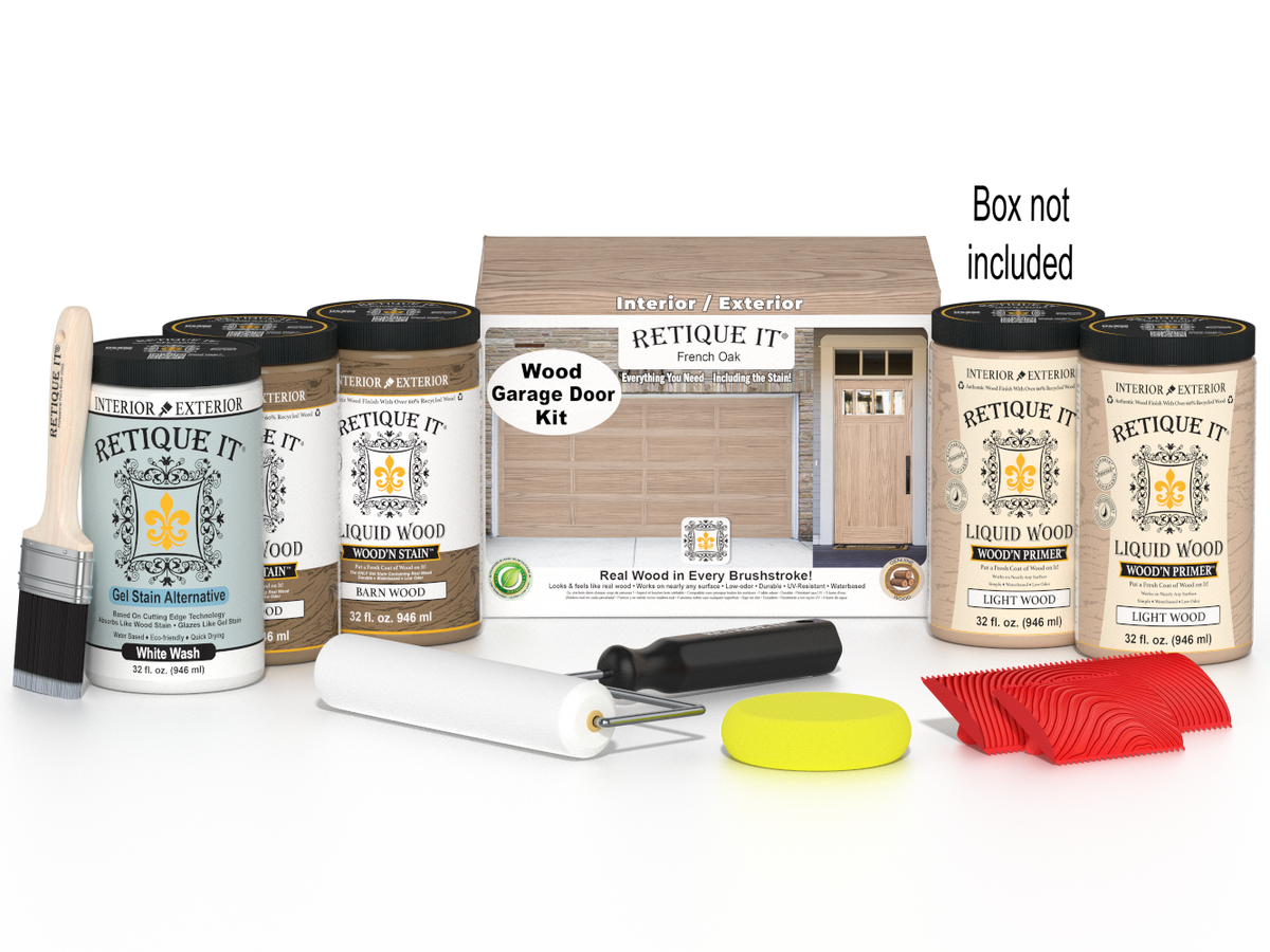 Retique It French Oak Wood Garage Door Kit with Liquid Wood, White Wash Gel Stain Alternative, yellow sponge, red graining tool, roller, brush, and kit box.
