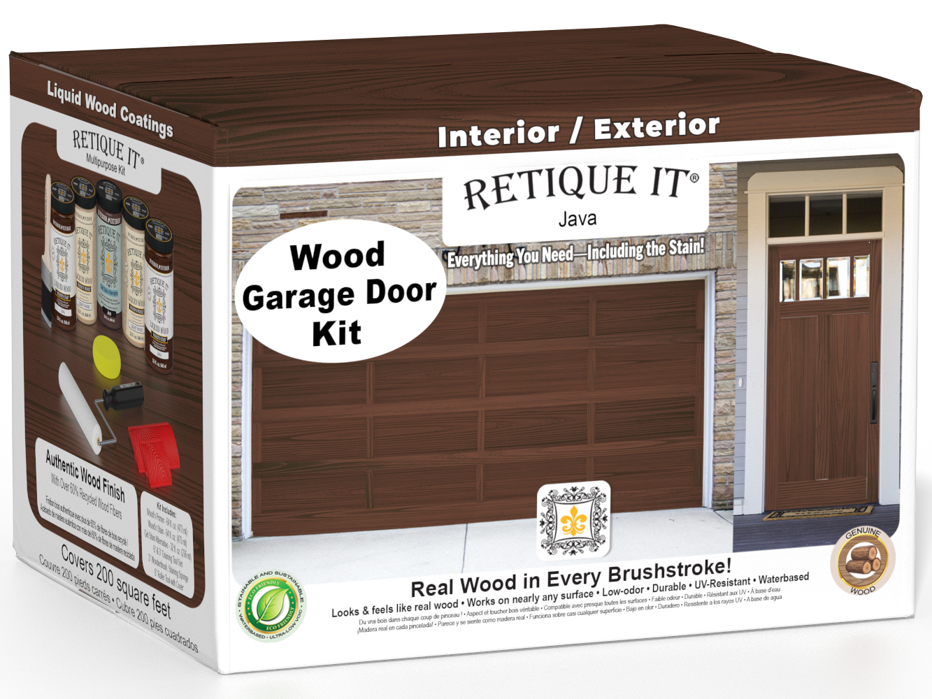 Retique It Java Wood Garage Door Kit box featuring garage door and entry door wood finish transformation.