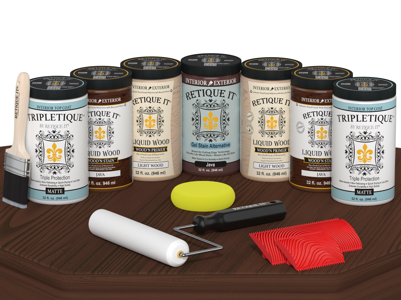 Retique It® Wood'n Cabinet Kit Java stain with 24 grained cabinet doors, matte finish, shown on a table.