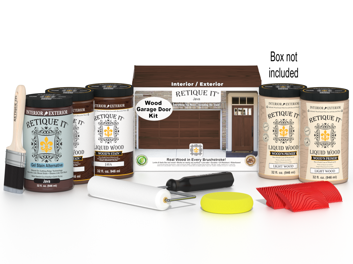 Retique It Classic Black Kit with Liquid Wood, Classic Black Gel Stain Alternative, Politique It Gloss Finish, yellow sponge, red graining tool, rollers, and brush.