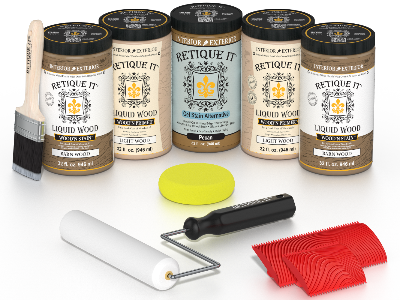 Retique It® Barn Wood Kit with primer, stains, brush, roller, yellow sponge, and red graining tools.