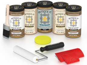 Retique It® Barn Wood Kit with primer, stains, brush, roller, yellow sponge, and red graining tools.
