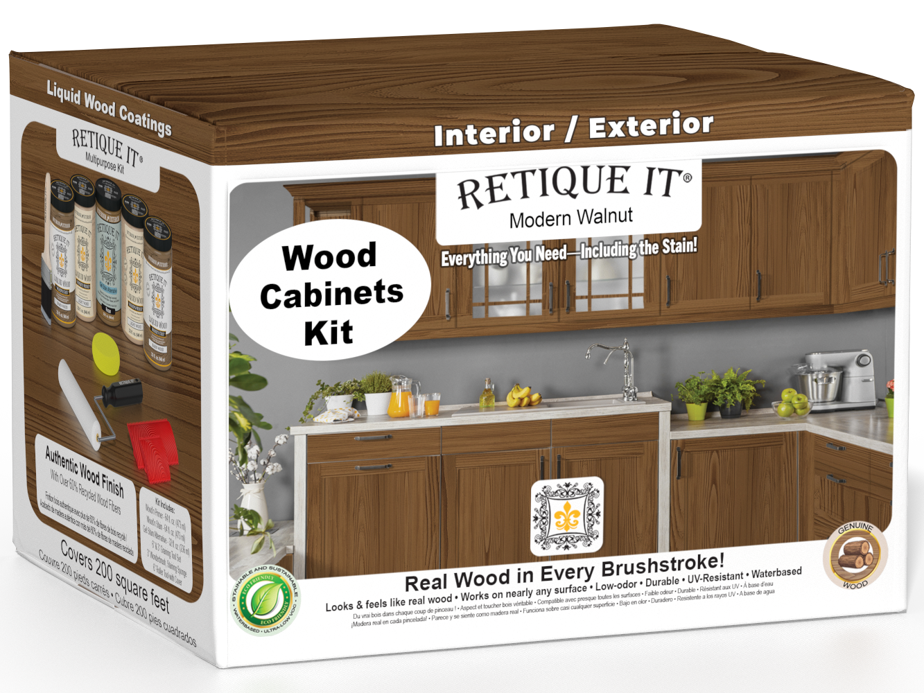 Retique It® Modern Walnut Wood Cabinets Kit packaging featuring rich wood-look kitchen cabinets.