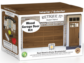Retique It® Modern Walnut Wood Garage Door Kit packaging featuring a wood-look garage door and entry door.
