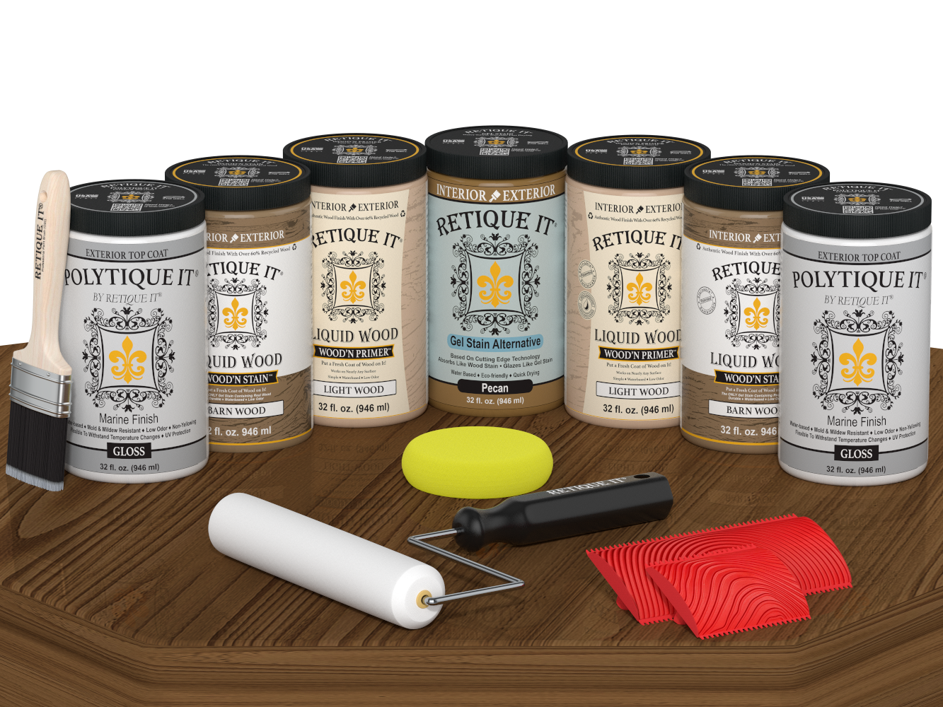 Retique It® Barn Wood Kit with primer, stains, gloss topcoat, brush, roller, yellow sponge, and red graining tools.