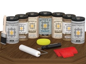 Retique It® Barn Wood Kit with primer, stains, gloss topcoat, brush, roller, yellow sponge, and red graining tools.