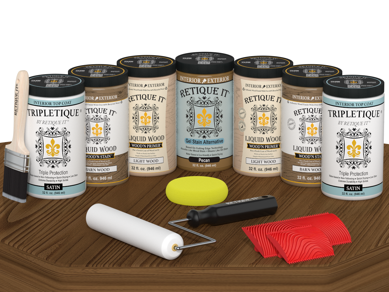 Retique It® Modern Walnut Wood Kit with primer, stains, satin topcoat, brush, roller, yellow sponge, and red graining tools.