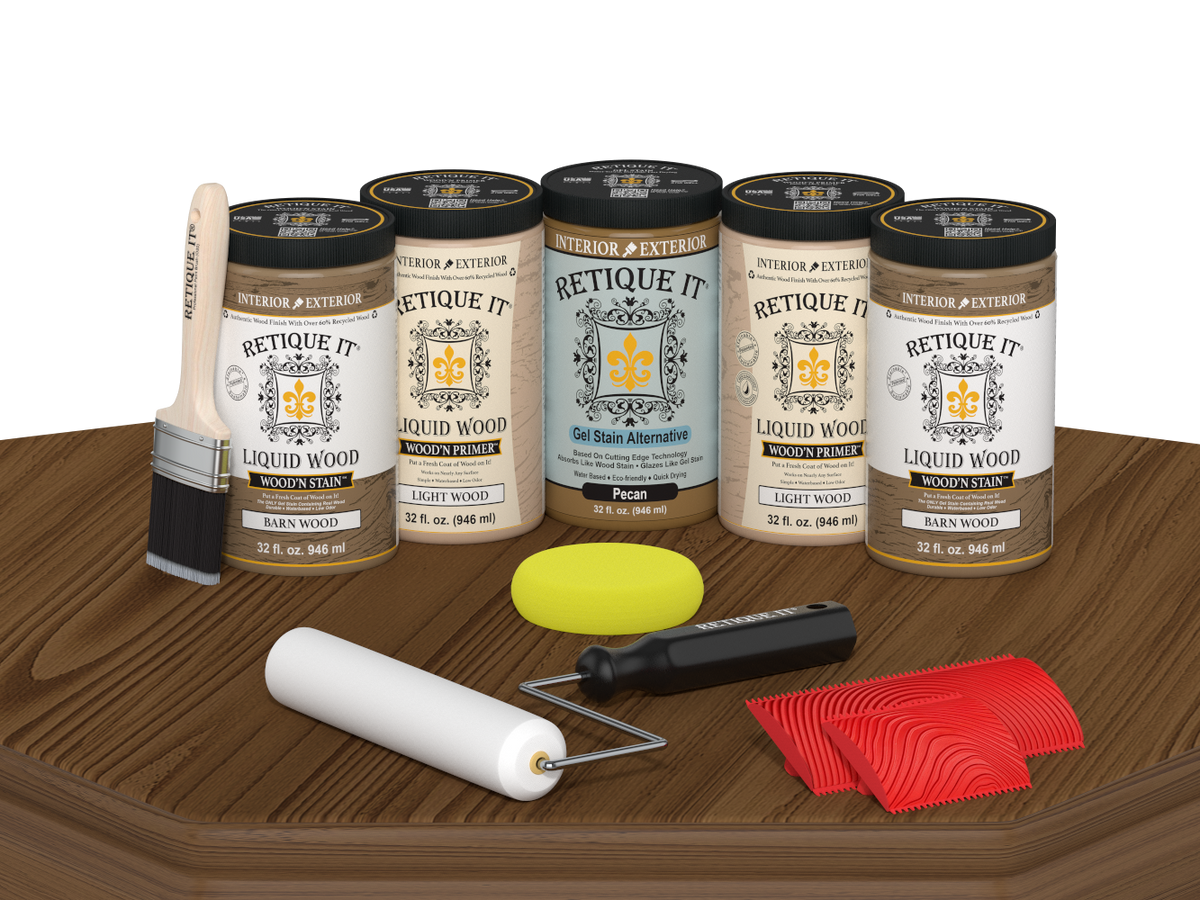 Retique It® Modern Walnut Wood Kit with primer, stains, brush, roller, yellow sponge, and red graining tools.