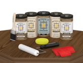 Retique It® Modern Walnut Wood Kit with primer, stains, brush, roller, yellow sponge, and red graining tools.