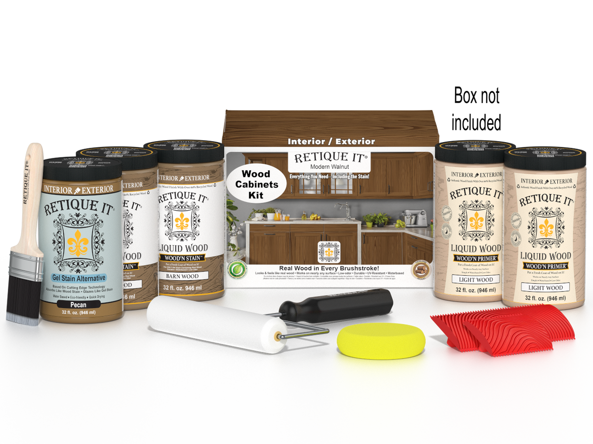 Retique It® Modern Walnut Wood Cabinets Kit with primer, stains, brush, roller, yellow sponge, red graining tools, and packaging.