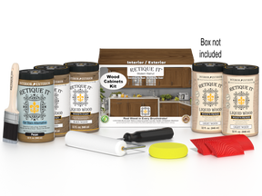Retique It® Modern Walnut Wood Cabinets Kit with primer, stains, brush, roller, yellow sponge, red graining tools, and packaging.