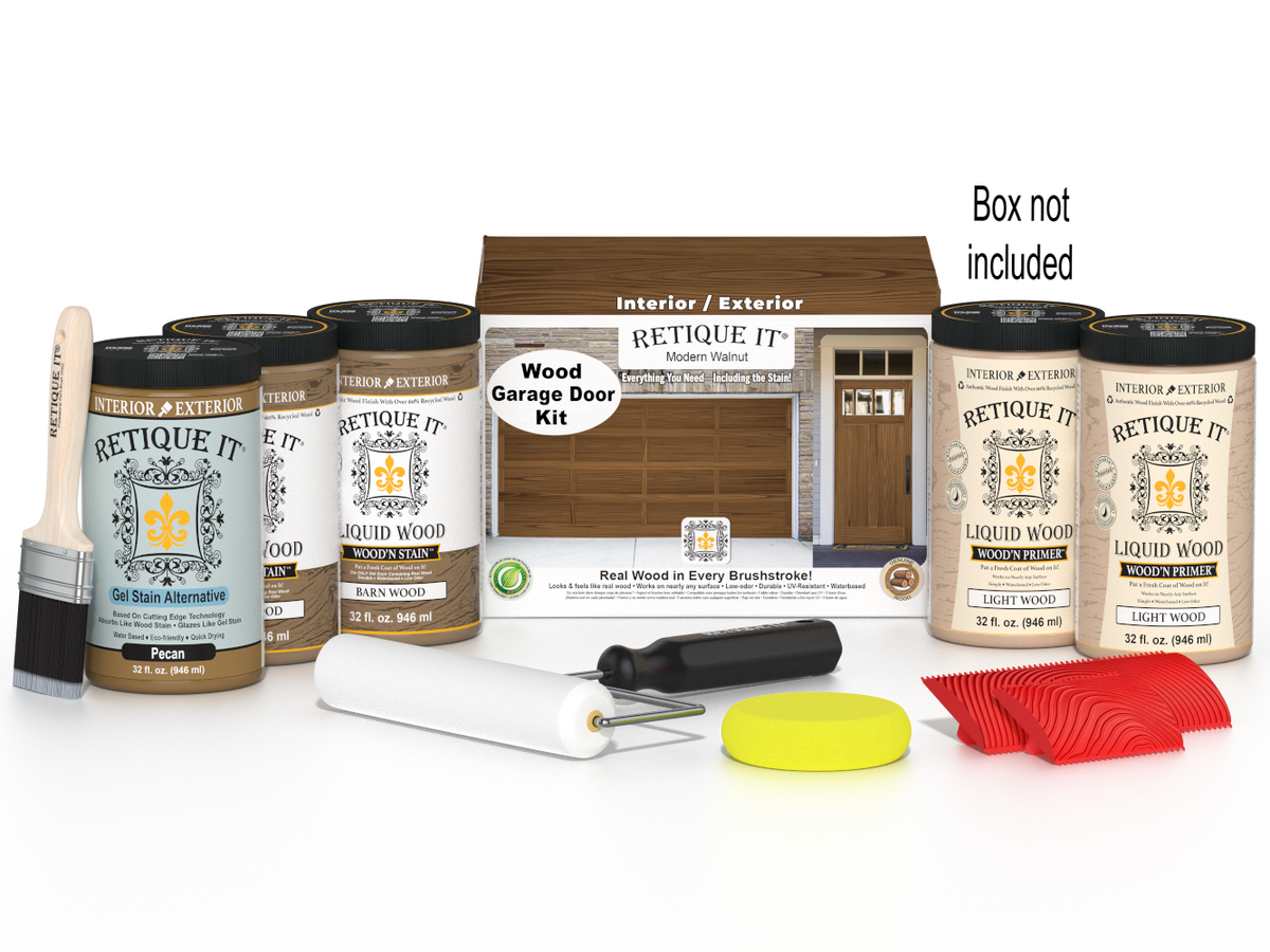 Retique It® Modern Walnut Wood Garage Door Kit with primer, stains, brush, roller, yellow sponge, and red graining tools.