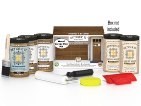 Retique It® Modern Walnut Wood Garage Door Kit with primer, stains, brush, roller, yellow sponge, and red graining tools.