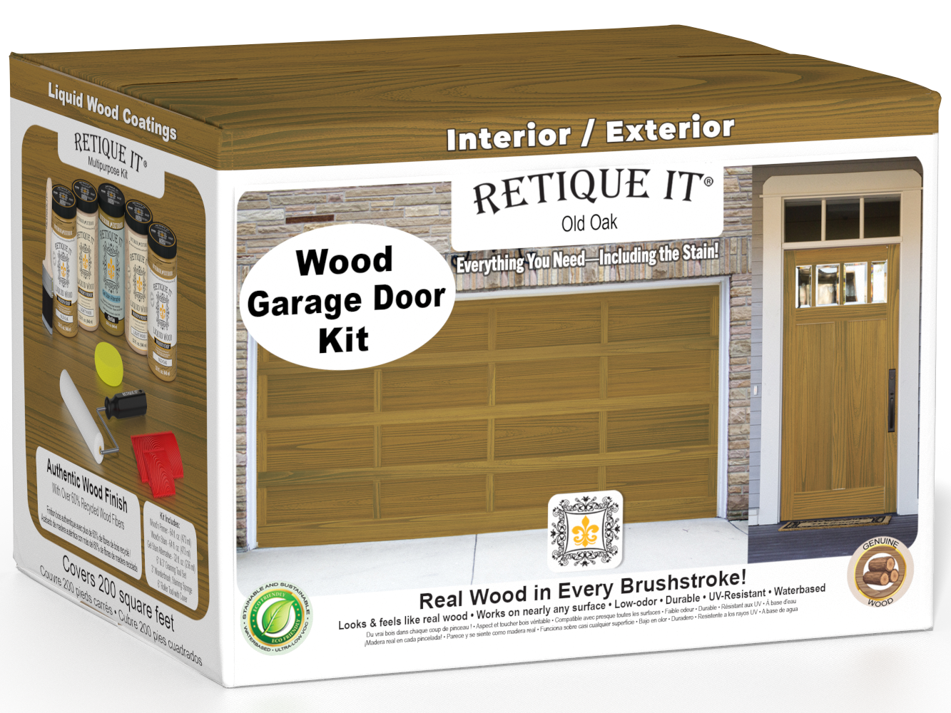 Retique It Old Oak Wood Garage Door Kit box featuring a garage door and entry door finished in Old Oak wood grain.