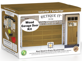 Retique It Old Oak Wood Garage Door Kit box featuring a garage door and entry door finished in Old Oak wood grain.