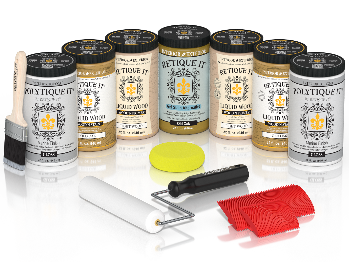 Retique It Old Oak Wood'n Kit with Gloss PolyTique It top coat, featuring Old Oak Liquid Wood stain, Light Wood primer, Old Oak Gel Stain Alternative, paint brush, white roller, yellow sponge, and red graining tools.