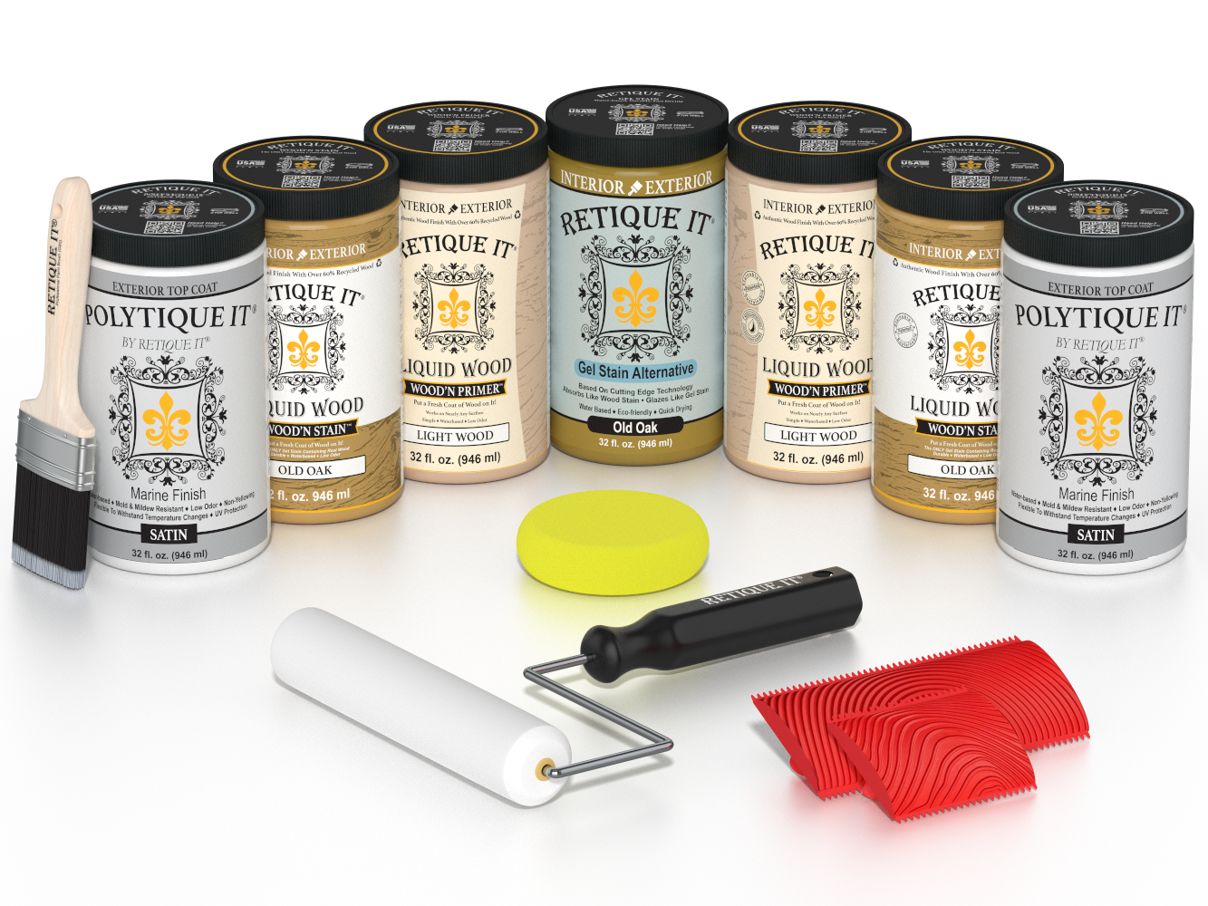 Retique It Old Oak Wood'n Kit with Satin PolyTique It top coat, featuring Old Oak Liquid Wood stain, Light Wood primer, Old Oak Gel Stain Alternative, paint brush, white roller, yellow sponge, and red graining tools.
