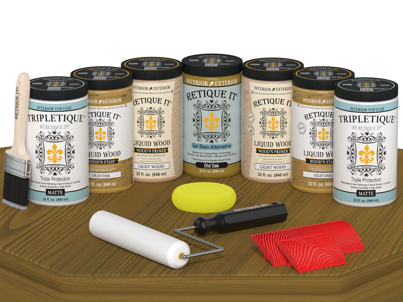 Retique It Wood'n Cabinet Kit with Old Oak stain, featuring 24 grained cabinet doors and a matte finish, displayed on a table.