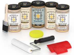 Retique It Pickled Oak Kit with Liquid Wood, Pecan Gel Stain Alternative, yellow sponge, red graining tool, roller, and brush.
