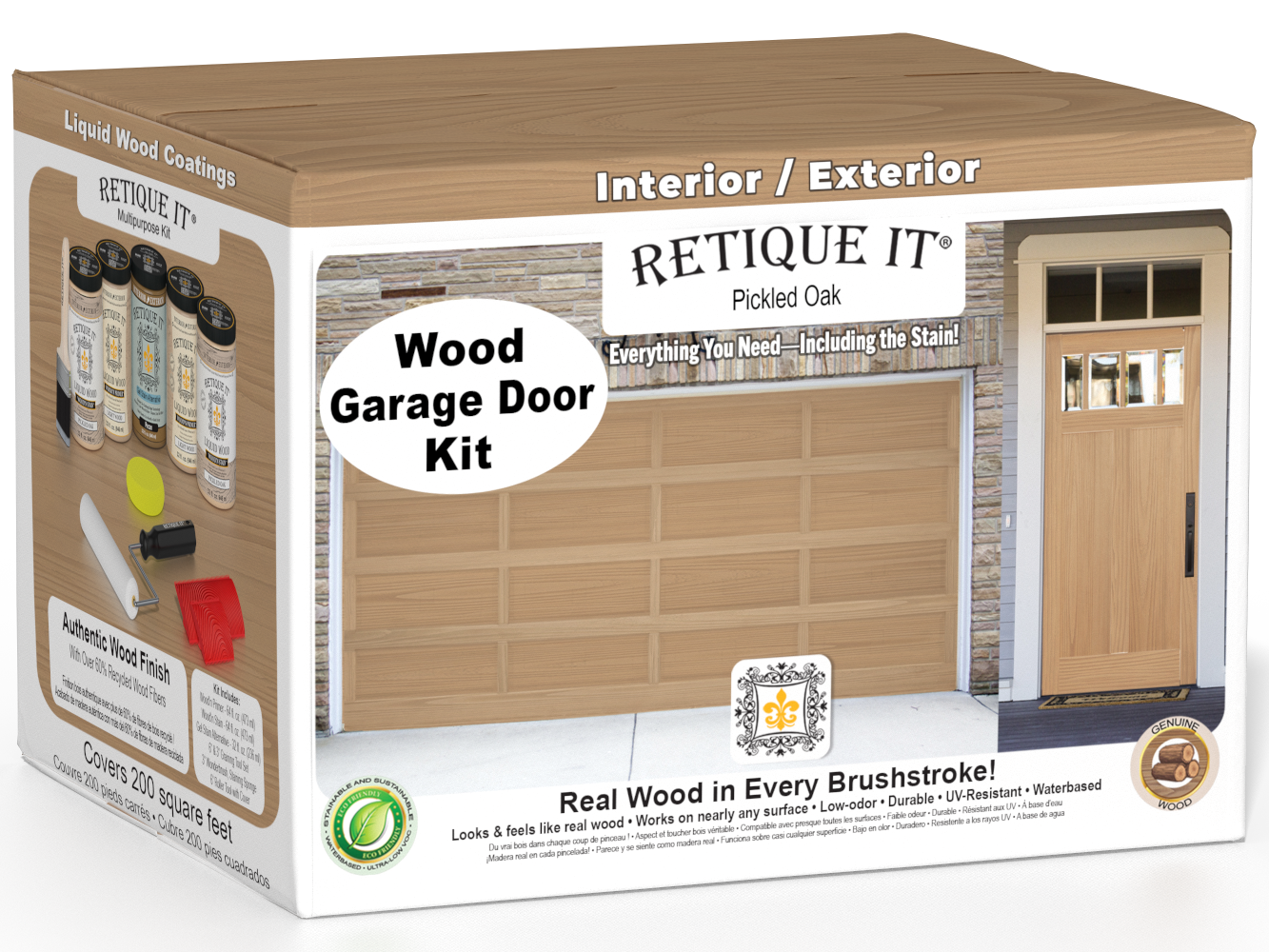 Retique It Pickled Oak Wood Garage Door Kit box featuring garage door and entry door wood finish transformation.