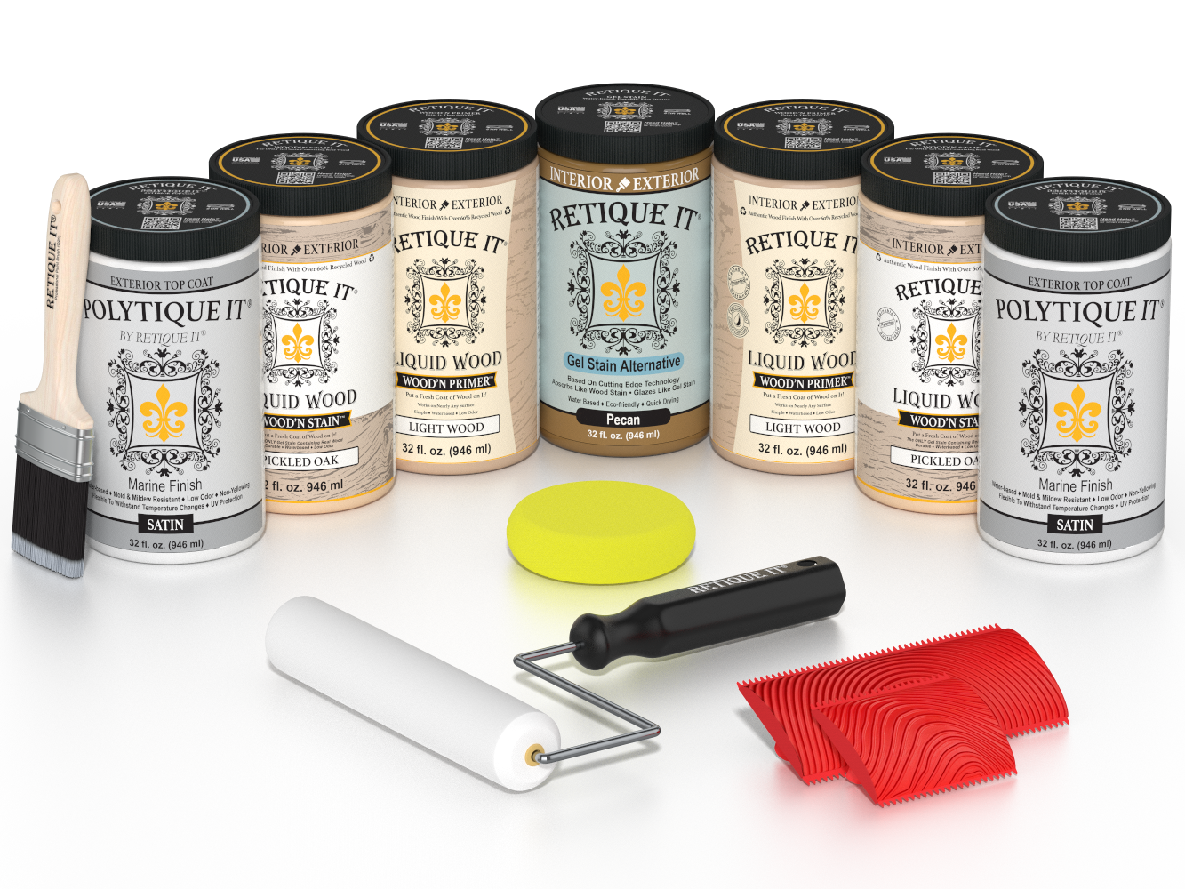 Retique It Pickled Oak Kit with Liquid Wood, Pecan Gel Stain Alternative, Politique It Satin Finish, yellow sponge, red graining tool, roller, and brush.