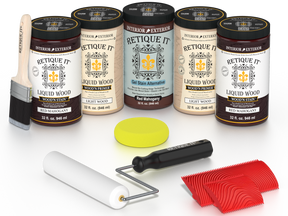 Retique It Red Mahogany Wood'n Kit featuring Red Mahogany Liquid Wood stain, Light Wood primer, Red Mahogany Gel Stain Alternative, paint brush, white roller, yellow sponge, and red graining tools.
